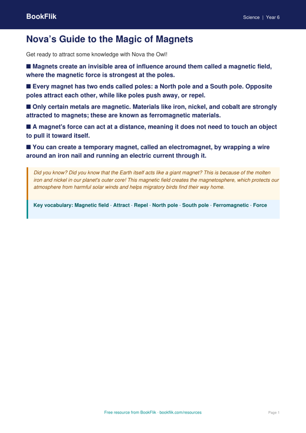 Free Magnets Poster | Year 6 | Science | BookFlik worksheet preview — Science Magnets