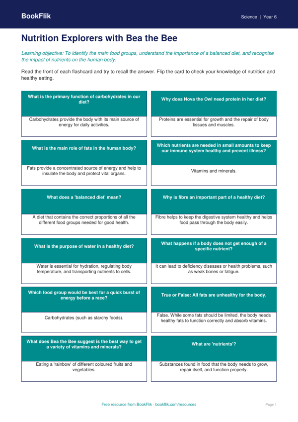 Free Nutrition Flashcards | Year 6 | Science | BookFlik