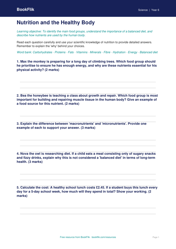 Free Nutrition Worksheet | Year 6 | Science | BookFlik