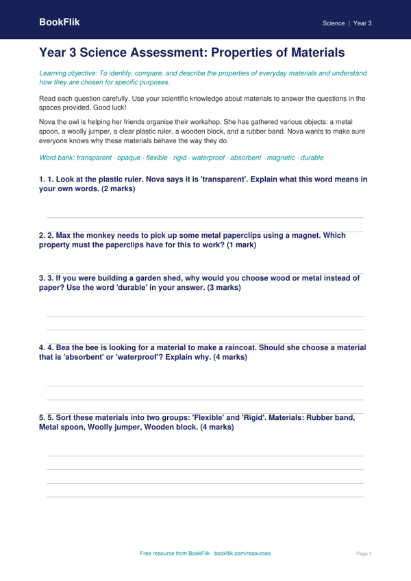 Free Properties Of Materials Assessment | Year 3 | Science | BookFlik worksheet preview — Science Properties Of Materials