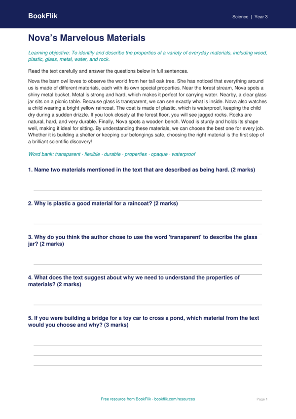 Free Properties Of Materials Comprehension | Year 3 | Science | BookFlik worksheet preview — Science Properties Of Materials