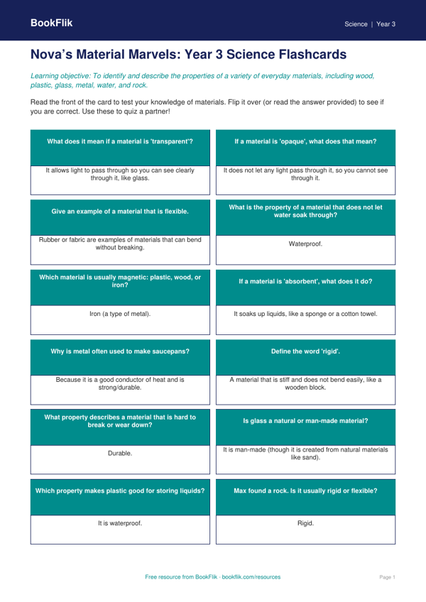 Free Properties Of Materials Flashcards | Year 3 | Science | BookFlik worksheet preview — Science Properties Of Materials