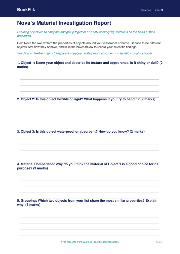 Free Properties Of Materials Template | Year 3 | Science | BookFlik worksheet preview — Science Properties Of Materials