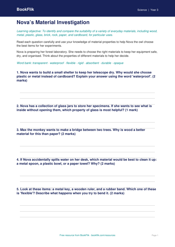 Free Properties Of Materials Worksheet | Year 3 | Science | BookFlik worksheet preview — Science Properties Of Materials