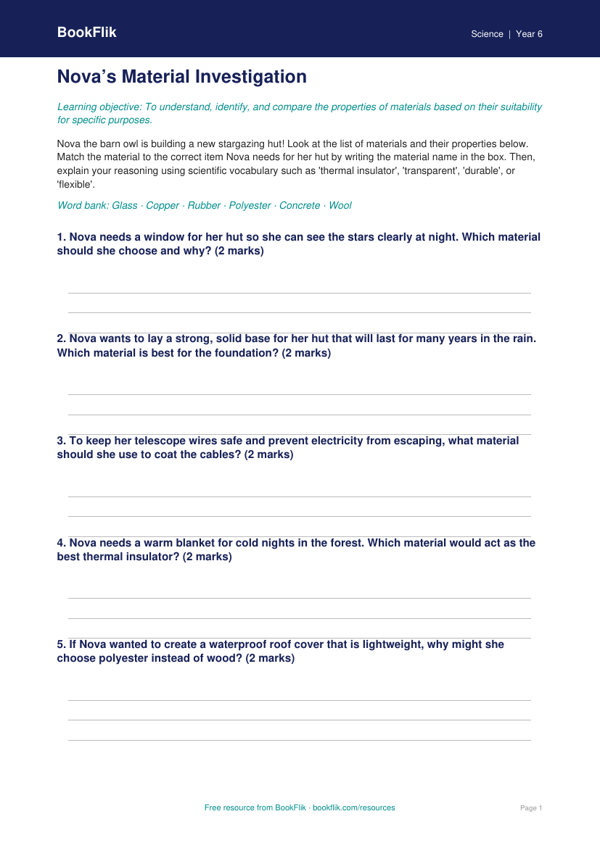 Free Properties Of Materials Activity Sheet | Year 6 | Science | BookFlik