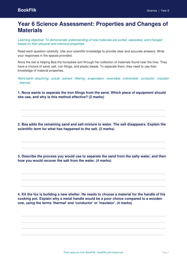 Free Properties Of Materials Assessment | Year 6 | Science | BookFlik
