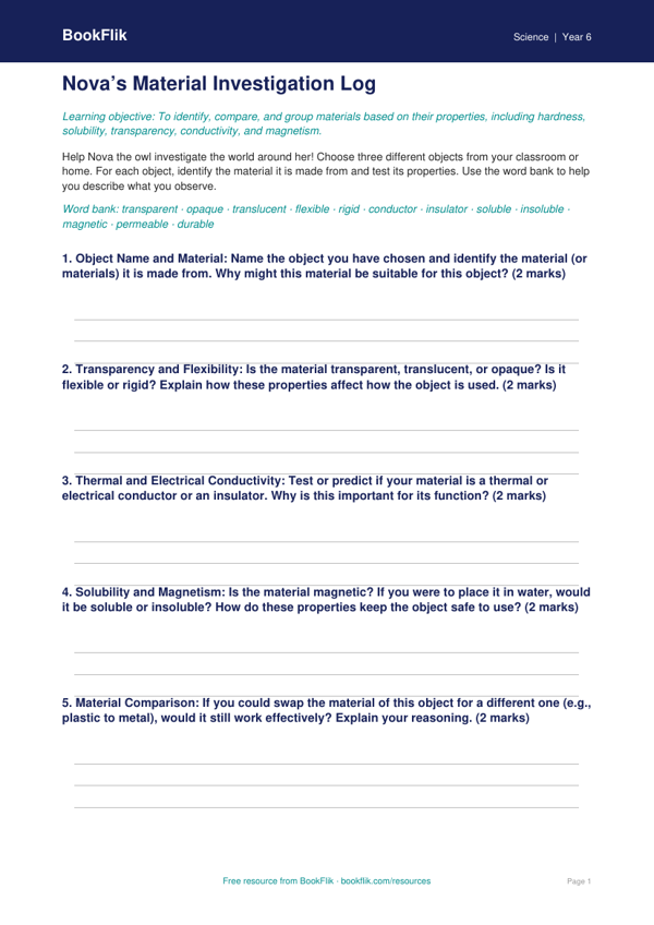 Free Properties Of Materials Template | Year 6 | Science | BookFlik
