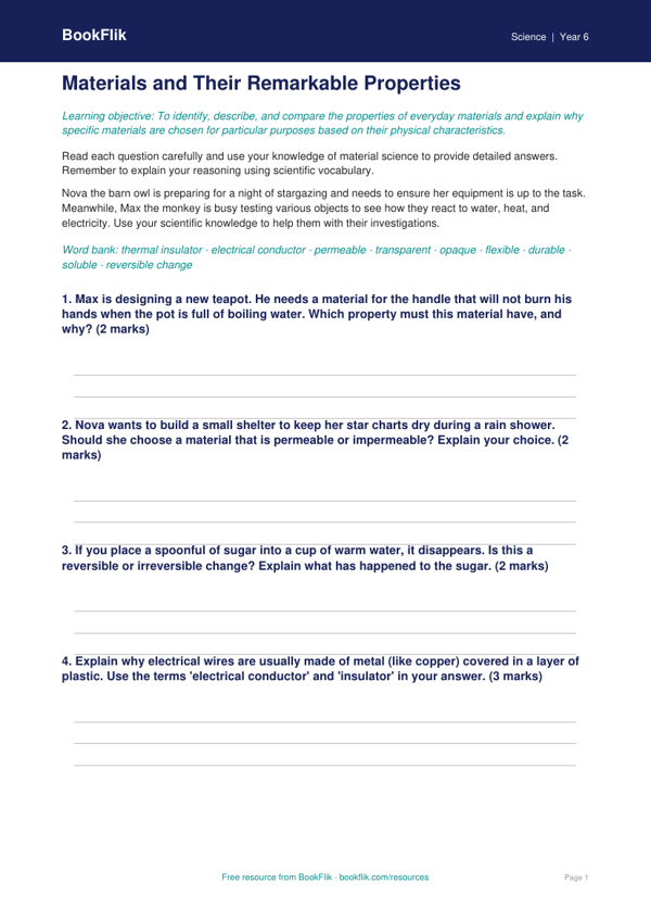 Free Properties Of Materials Worksheet | Year 6 | Science | BookFlik