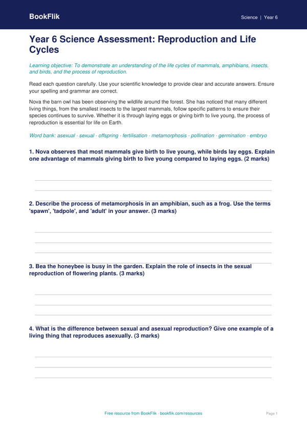Free Reproduction Assessment | Year 6 | Science | BookFlik