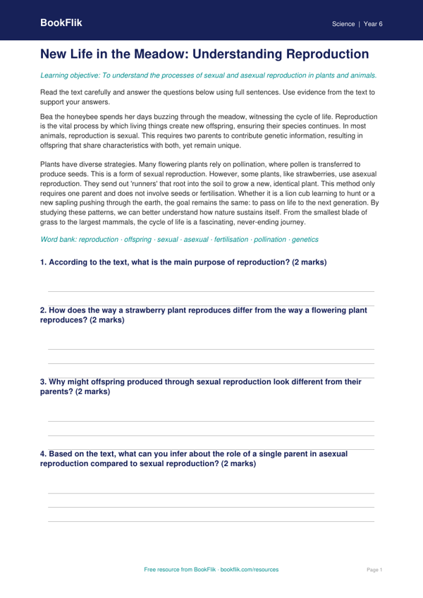 Free Reproduction Comprehension | Year 6 | Science | BookFlik