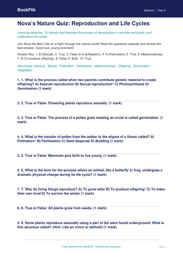 Free Reproduction Quiz | Year 6 | Science | BookFlik
