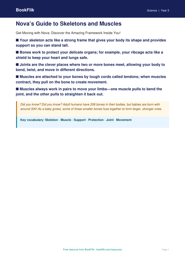 Free Skeleton And Muscles Poster | Year 3 | Science | BookFlik worksheet preview — Science Skeleton And Muscles