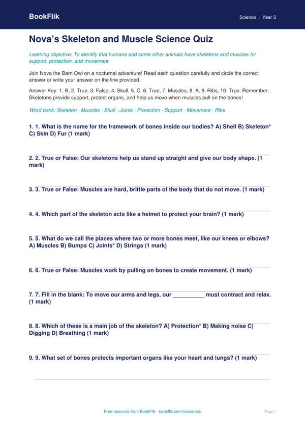 Free Skeleton And Muscles Quiz | Year 3 | Science | BookFlik worksheet preview — Science Skeleton And Muscles