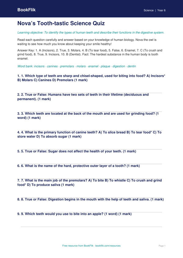 Free Teeth Quiz | Year 6 | Science | BookFlik worksheet preview — Science Teeth