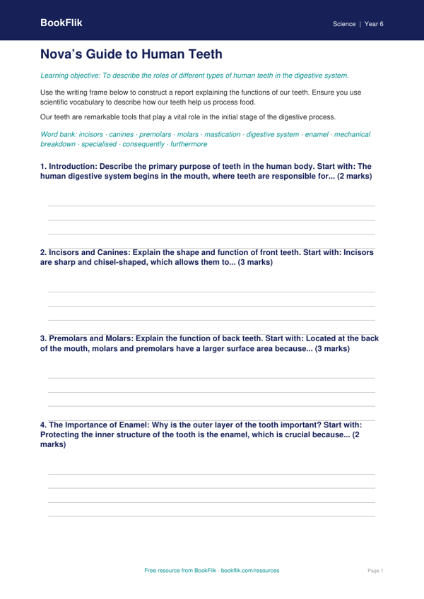 Free Teeth Writing Frame | Year 6 | Science | BookFlik worksheet preview — Science Teeth