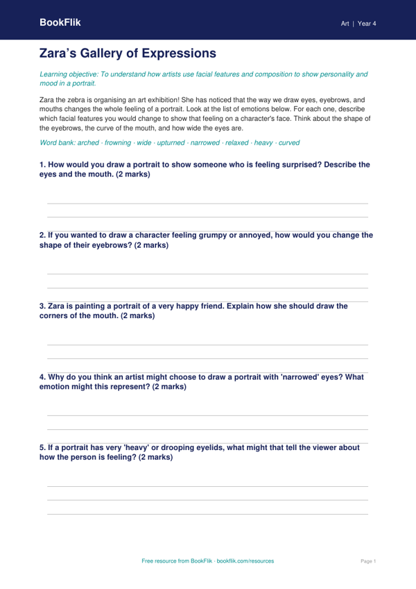 Free Portraits Activity Sheet | Class 4 | Art | BookFlik worksheet preview — Art Portraits