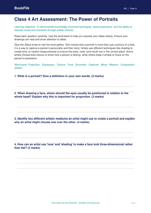 Free Portraits Assessment | Class 4 | Art | BookFlik worksheet preview — Art Portraits