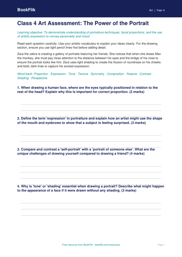 Portraits Assessment for Class 4 | CBSE Art Curriculum | BookFlik worksheet preview — Art Portraits