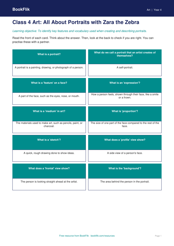 Free Portraits Flashcards | Class 4 | Art | BookFlik worksheet preview — Art Portraits