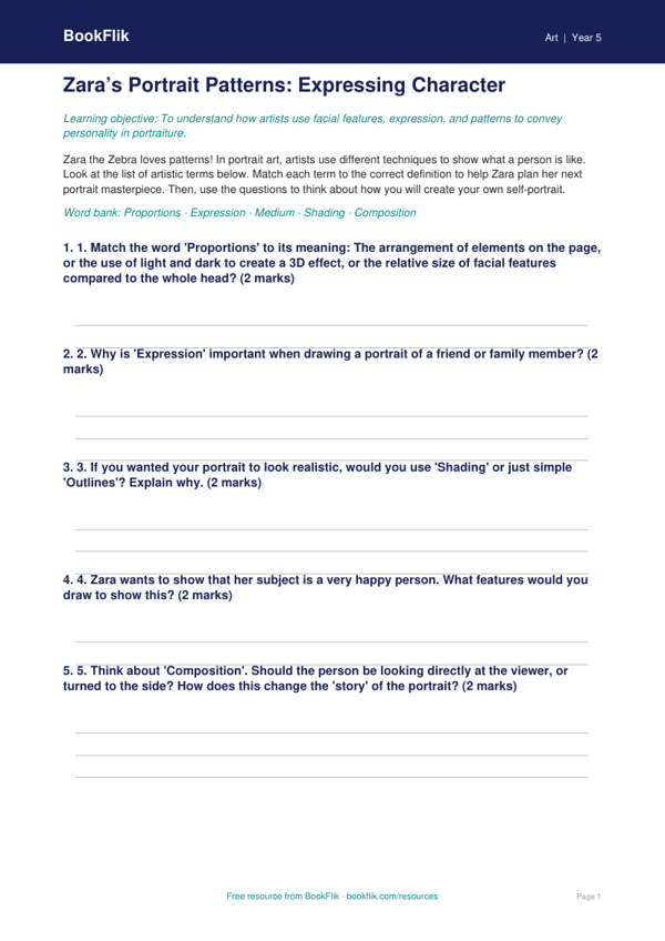 Free Portraits Activity Sheet | Class 5 | Art | BookFlik worksheet preview — Art Portraits