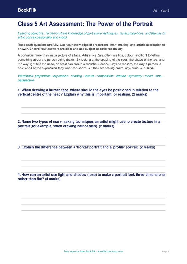 Free Portraits Assessment | Class 5 | Art | BookFlik worksheet preview — Art Portraits
