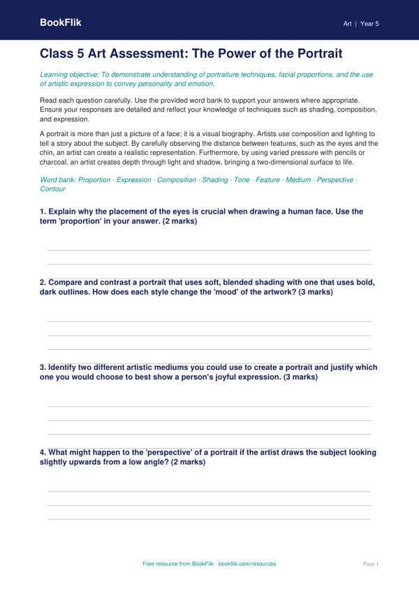 Free Portraits Assessment | Class 5 | Art | BookFlik worksheet preview — Art Portraits