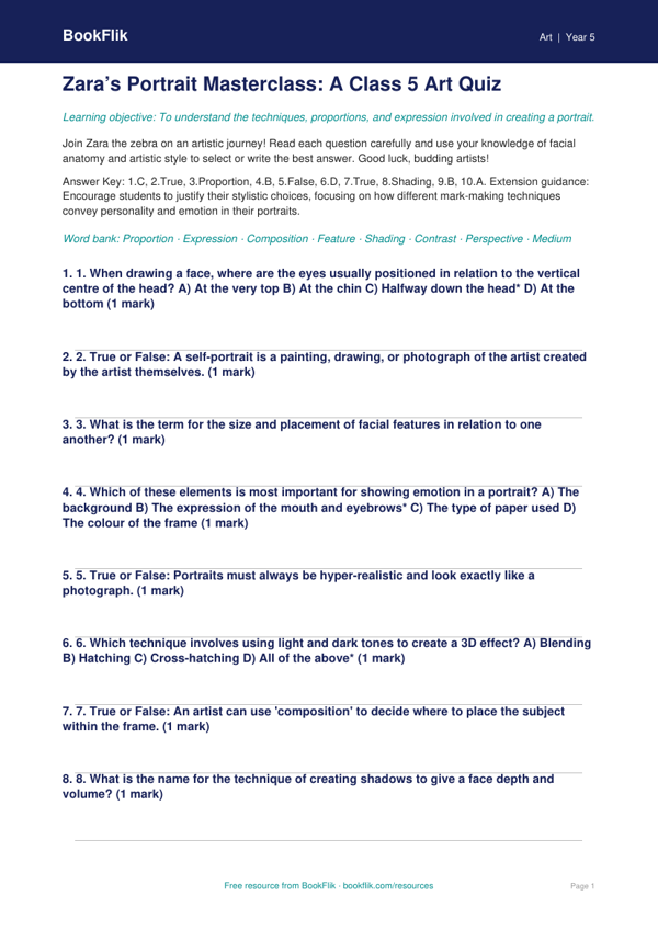 Free Portraits Quiz | Class 5 | Art | BookFlik worksheet preview — Art Portraits