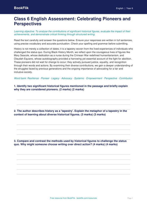 Black History Month Assessment for Class 6 | CBSE English Resource worksheet preview — English Black History Month
