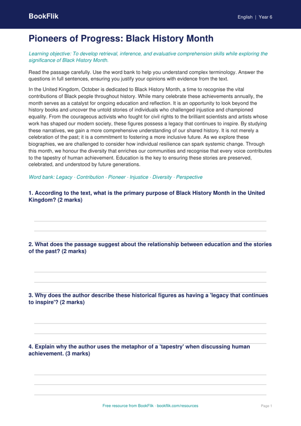 Black History Month Comprehension Worksheet | Class 6 English | BookFlik worksheet preview — English Black History Month