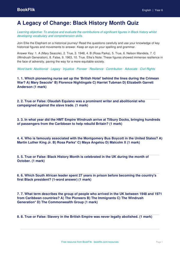 Black History Month Quiz for Class 6 | CBSE English Resource worksheet preview — English Black History Month