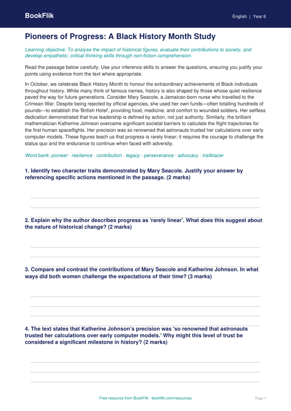 Black History Month Track Sheet for Class 6 | CBSE English Resources worksheet preview — English Black History Month