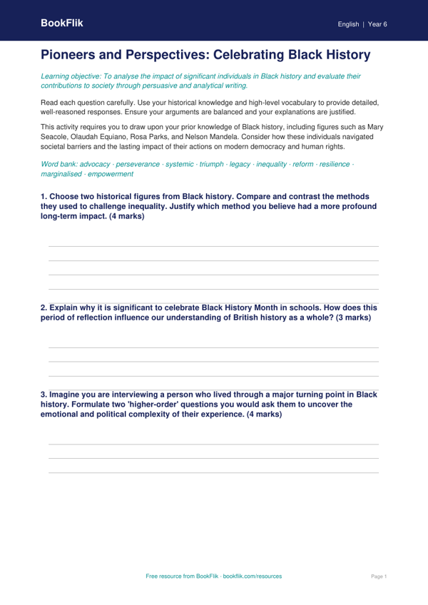 Black History Month Worksheet for Class 6 | CBSE English | BookFlik