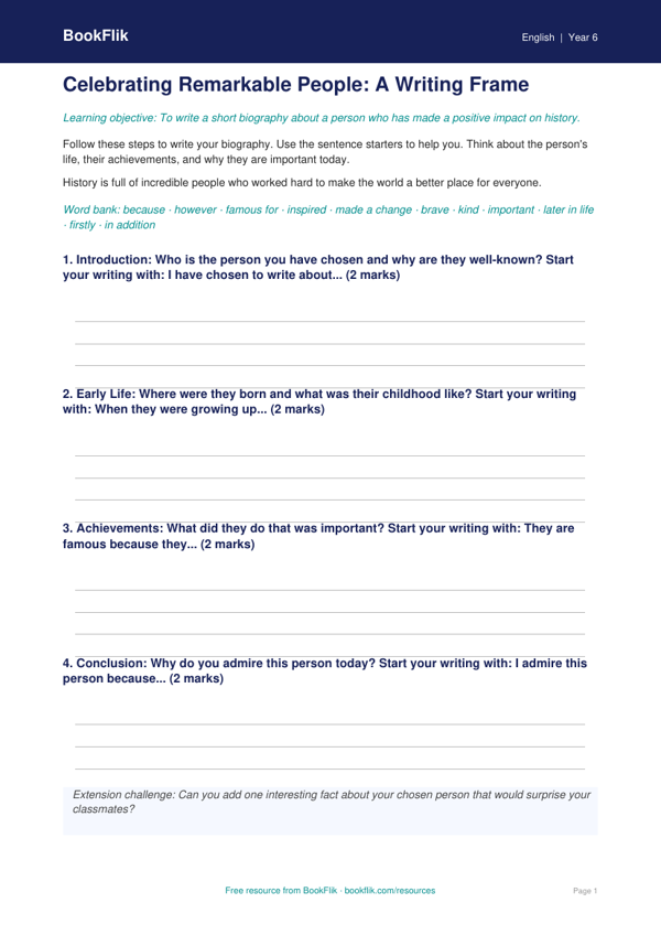 Free Black History Month Writing Frame | Class 6 | English | BookFlik worksheet preview — English Black History Month