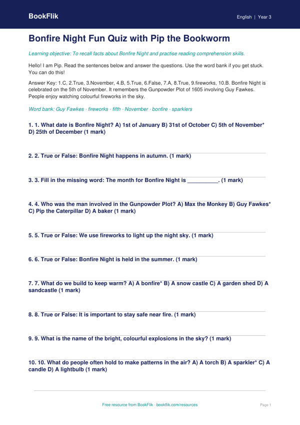 Bonfire Night Quiz for Class 3 | CBSE English Worksheet | BookFlik worksheet preview — English Bonfire Night