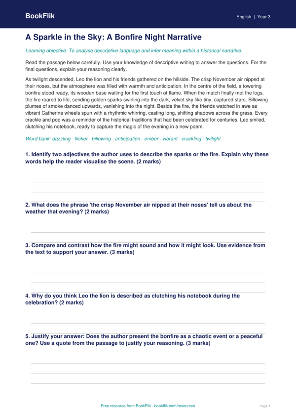 Bonfire Night English Worksheet for Class 3 | CBSE | BookFlik worksheet preview — English Bonfire Night