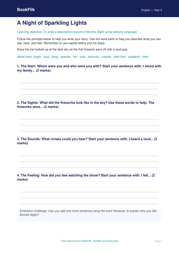 Bonfire Night Descriptive Writing Frame | Class 3 English | BookFlik worksheet preview — English Bonfire Night