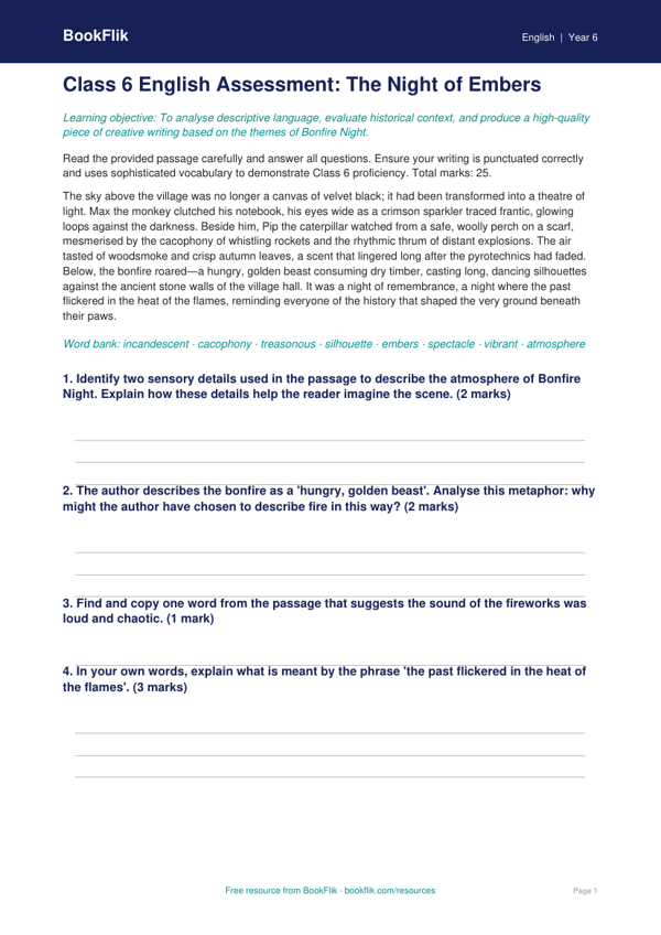Bonfire Night English Assessment for Class 6 | CBSE Curriculum worksheet preview — English Bonfire Night