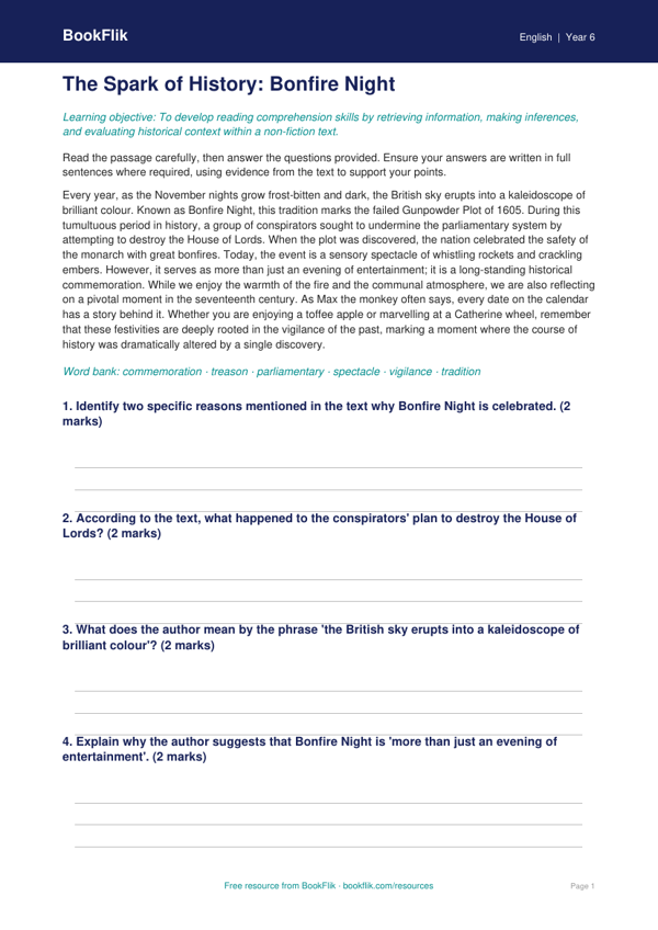 Bonfire Night Comprehension Worksheet | Class 6 English | BookFlik worksheet preview — English Bonfire Night