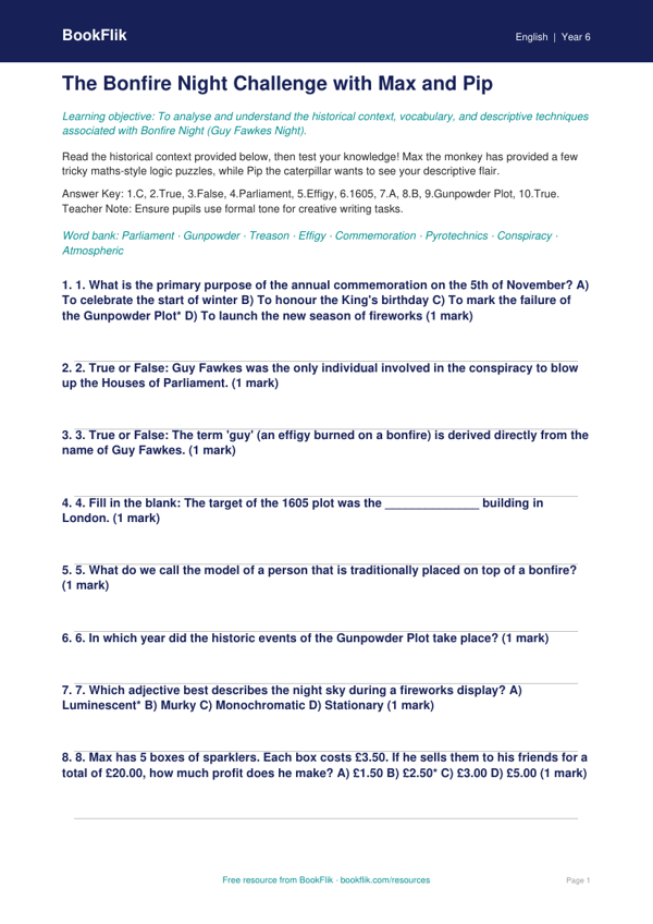 Bonfire Night English Quiz for Class 6 | CBSE Resource | BookFlik worksheet preview — English Bonfire Night