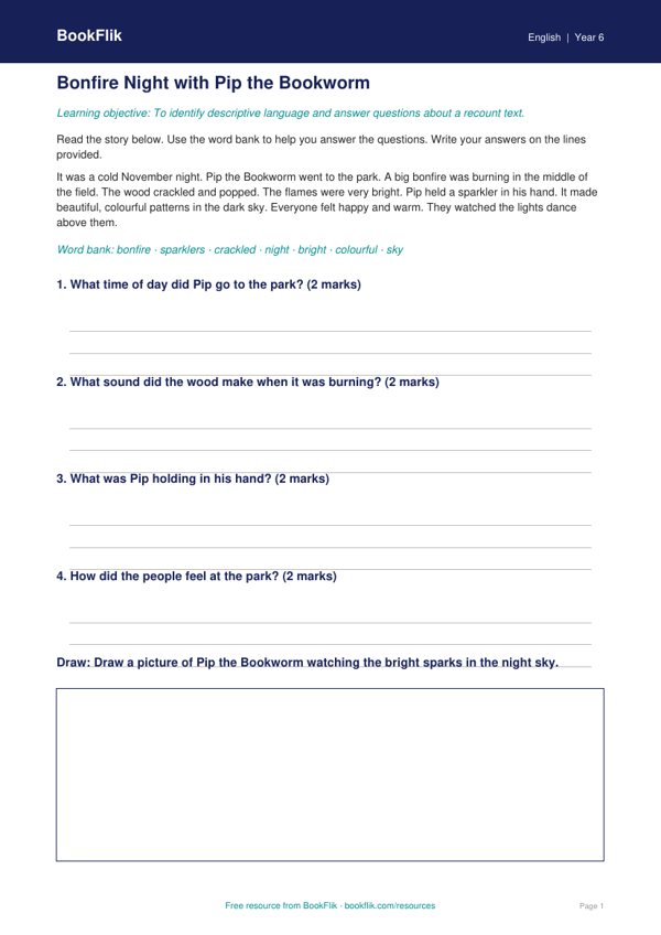 Free Bonfire Night Worksheet for Class 6 | English | BookFlik