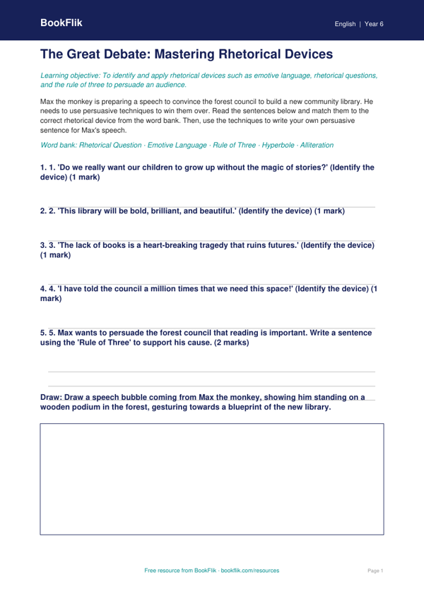 Free Debate And Rhetoric Activity Sheet | Class 6 | English | BookFlik worksheet preview — English Debate And Rhetoric