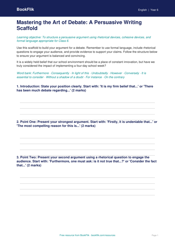 Free Debate And Rhetoric Writing Frame | Class 6 | English | BookFlik