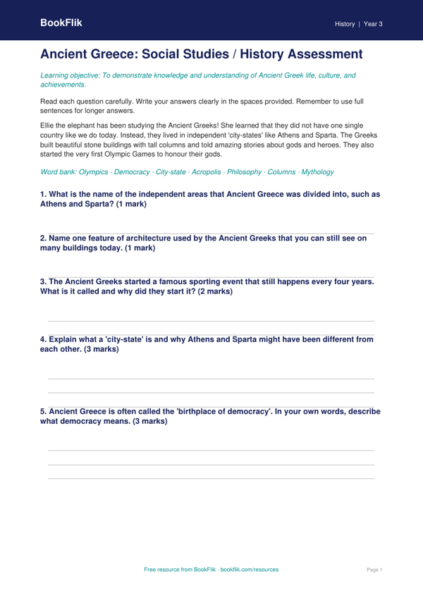 Free Ancient Greece Assessment | Class 3 | Social Studies / History | BookFlik worksheet preview — History Ancient Greece