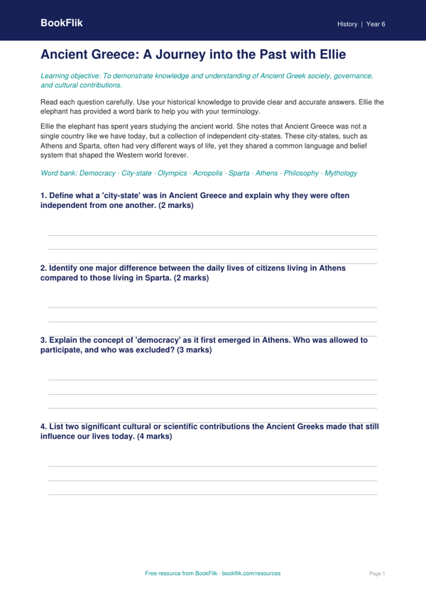 Free Ancient Greece Assessment | Class 6 | Social Studies / History | BookFlik worksheet preview — History Ancient Greece