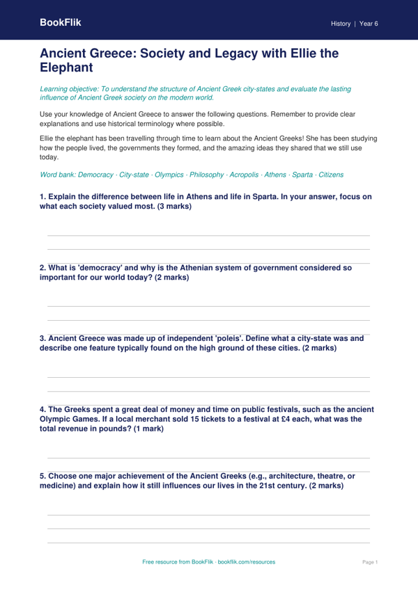 Free Ancient Greece Worksheet | Class 6 | Social Studies / History | BookFlik