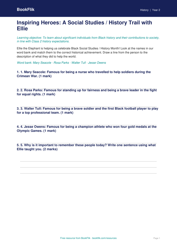 Free Black History Month Activity Sheet | Class 2 | Social Studies | BookFlik worksheet preview — History Black History Month