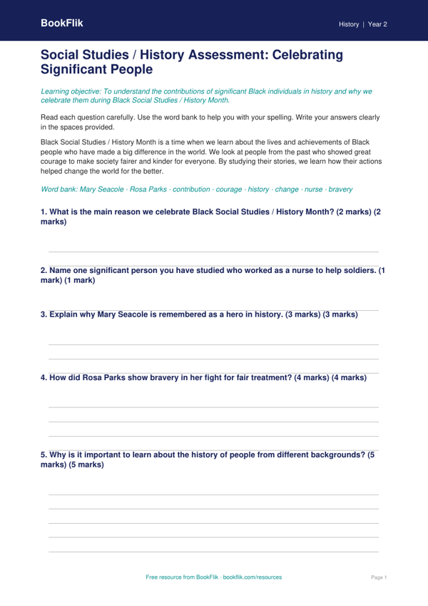 Free Black History Month Assessment | Class 2 | Social Studies / History | BookFlik worksheet preview — History Black History Month