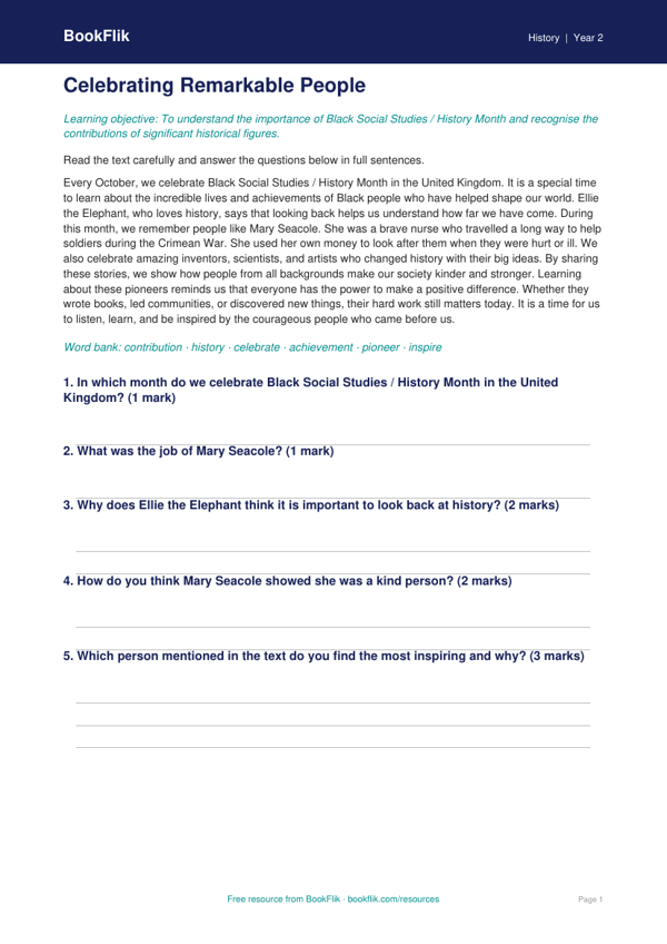 Free Black History Month Comprehension | Class 2 | Social Studies / History | BookFlik worksheet preview — History Black History Month