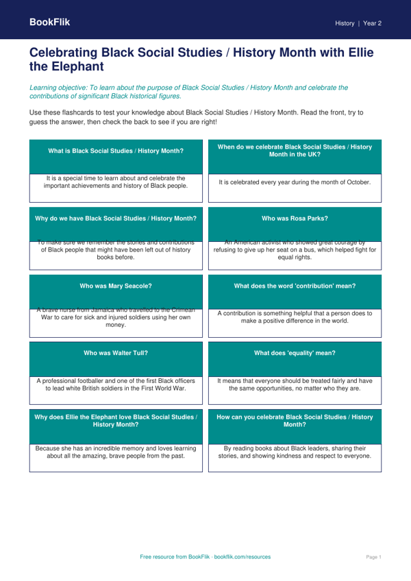 Black History Month Learning Cards for Class 2 | CBSE Social Studies worksheet preview — History Black History Month