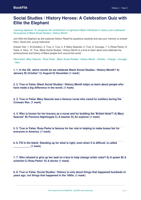 Free Black History Month Quiz | Class 2 | Social Studies / History | BookFlik worksheet preview — History Black History Month
